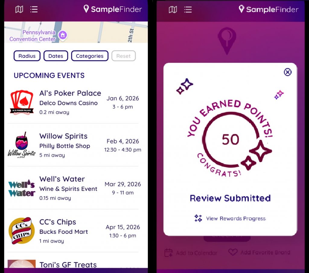 Two screenshots of the SampleFinder app, one with event names and dates, the other with points earned by the user.