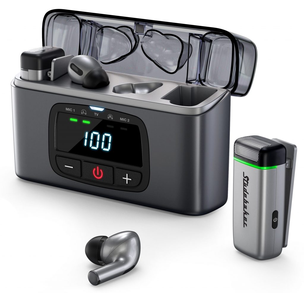 Studebaker AI Hearing System charging case with a microphone and earbud sitting next to it on a white background.