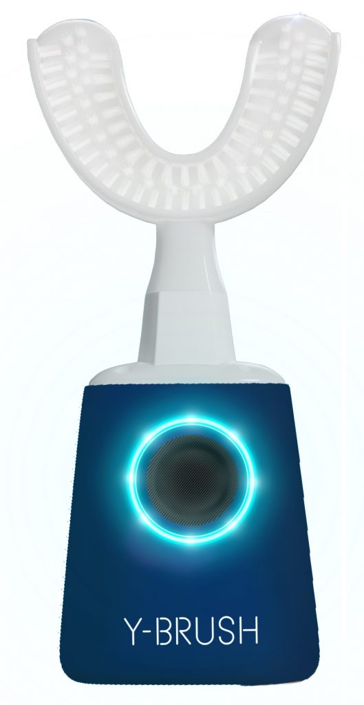 Y-Brush Halo toothbrush with a blue base on a white background