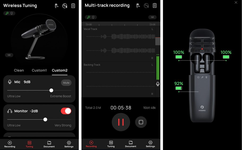 Hisong Link app screenshots, with microphone settings, recording display, and device battery indicators.