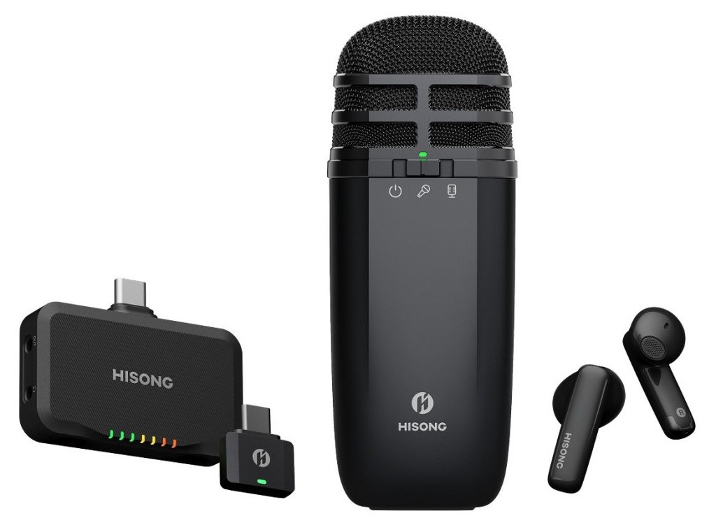 Hisong AirStudio S1 microphone, earbuds, and RxMini and RxPlus USB connectors