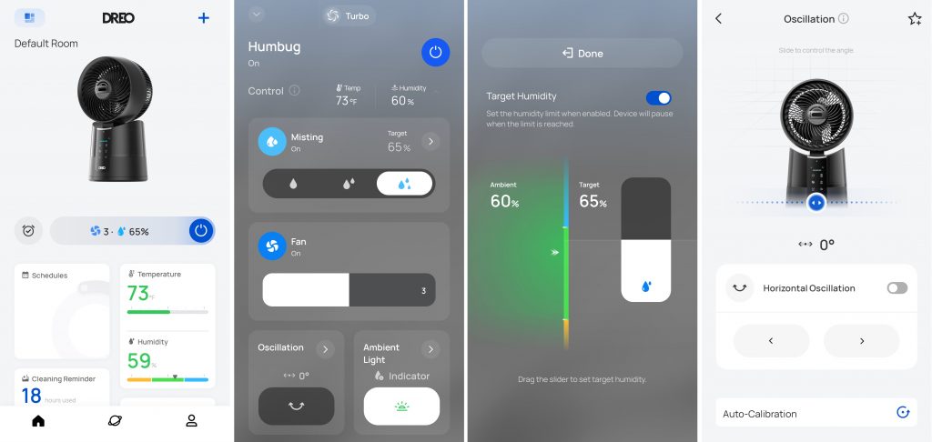 Four screenshots from the DREO app with various fan controls and settings.