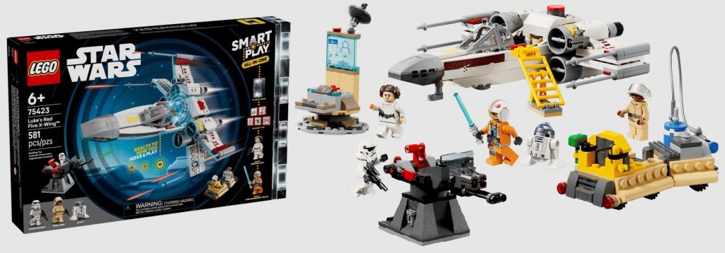 LEGO SMART Play System Luke's Red Five X-Wing building set with product box on the left and LEGO vehicles and characters on the right.