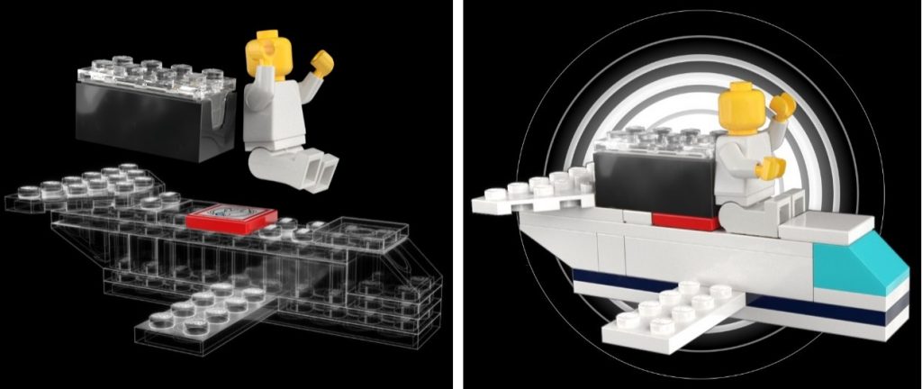 LEGO SMART Play System illustration with Smart Brick, Smart Tag, and Smart Minifigure placed in a spaceship build.